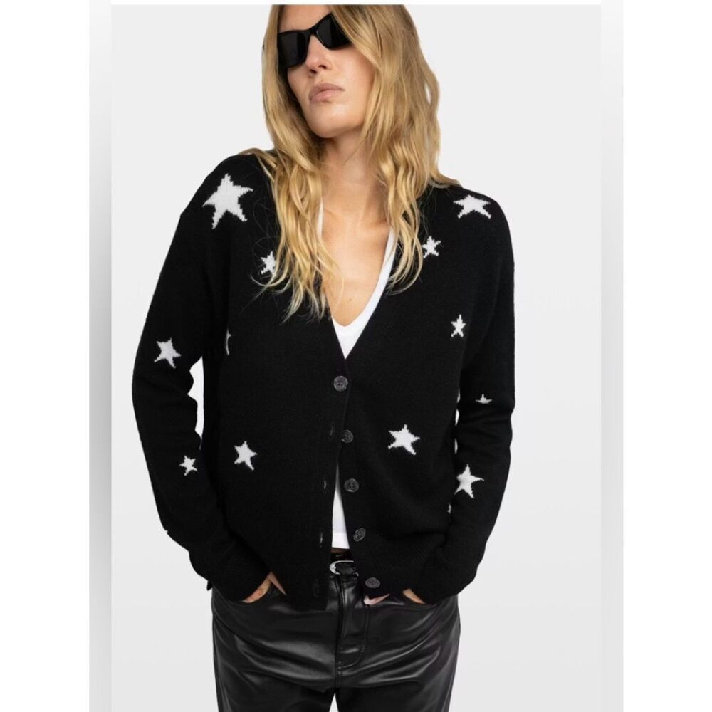 Zadig & Voltaire Mirka Stars Cashmere Black Star-Print V-Neck Button Cardigan